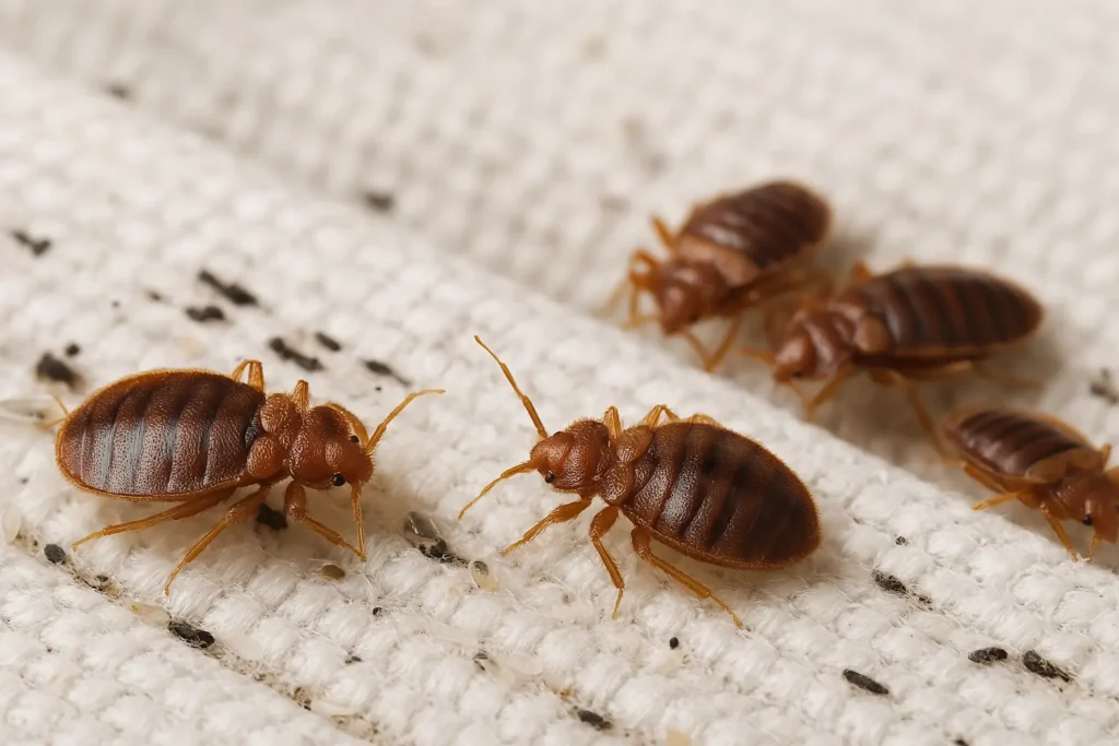 Wiltshire pest technician providing bed bug treatment in bedroom with white bedding