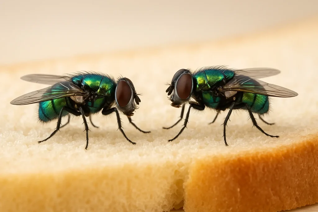 Flies contaminating exposed food in a kitchen before fly control treatment