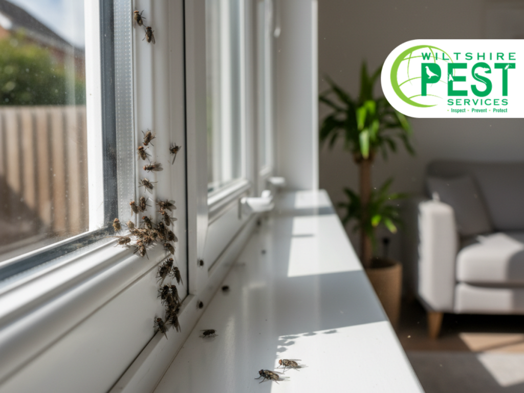 Cluster flies gathered around a bright window frame